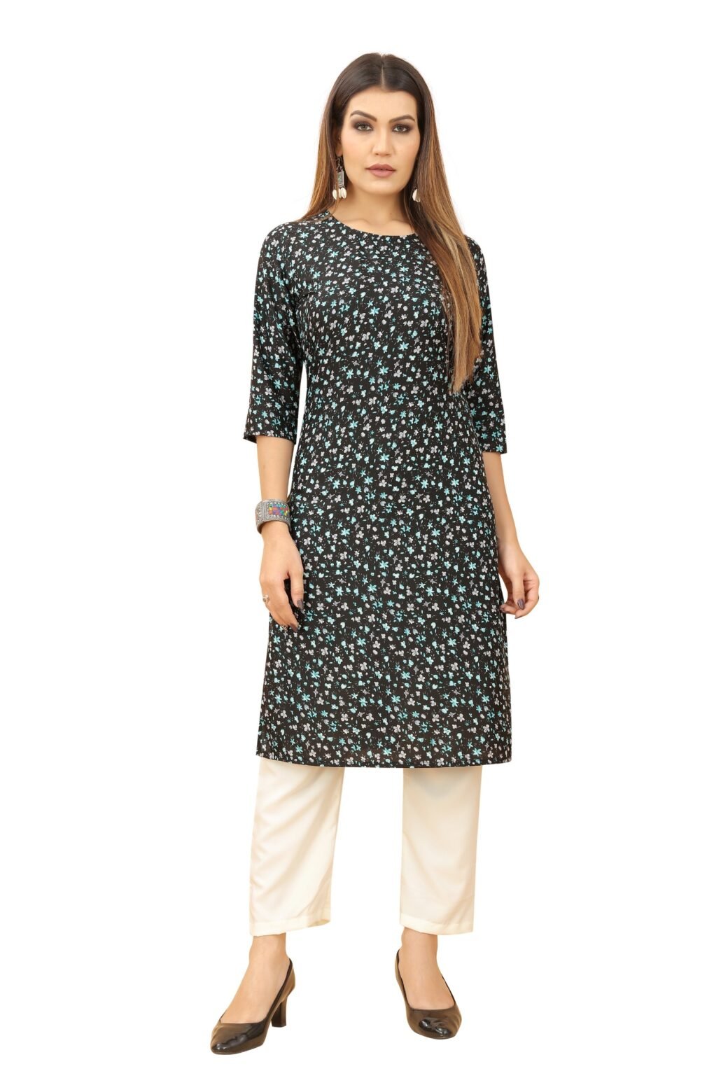 Black Colour Women's Printed Crepe Straight Kurti