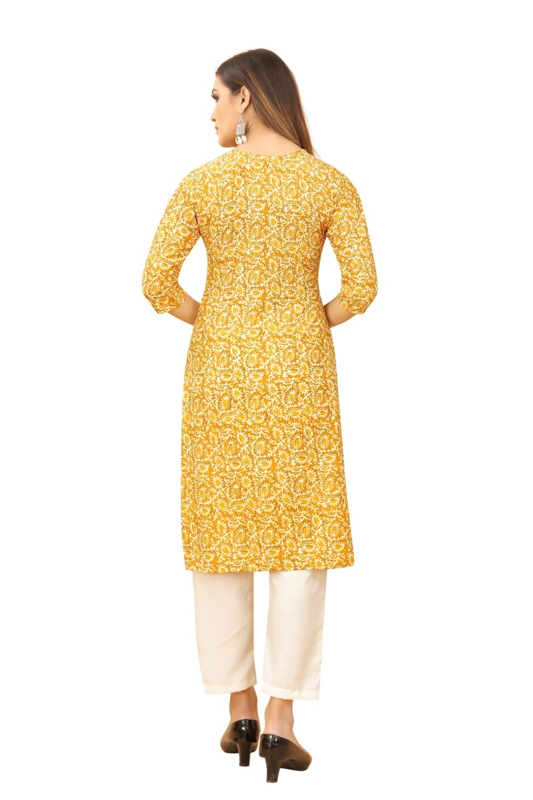 Yellow Colour Women's Printed Crepe Straight Kurti - Image 2