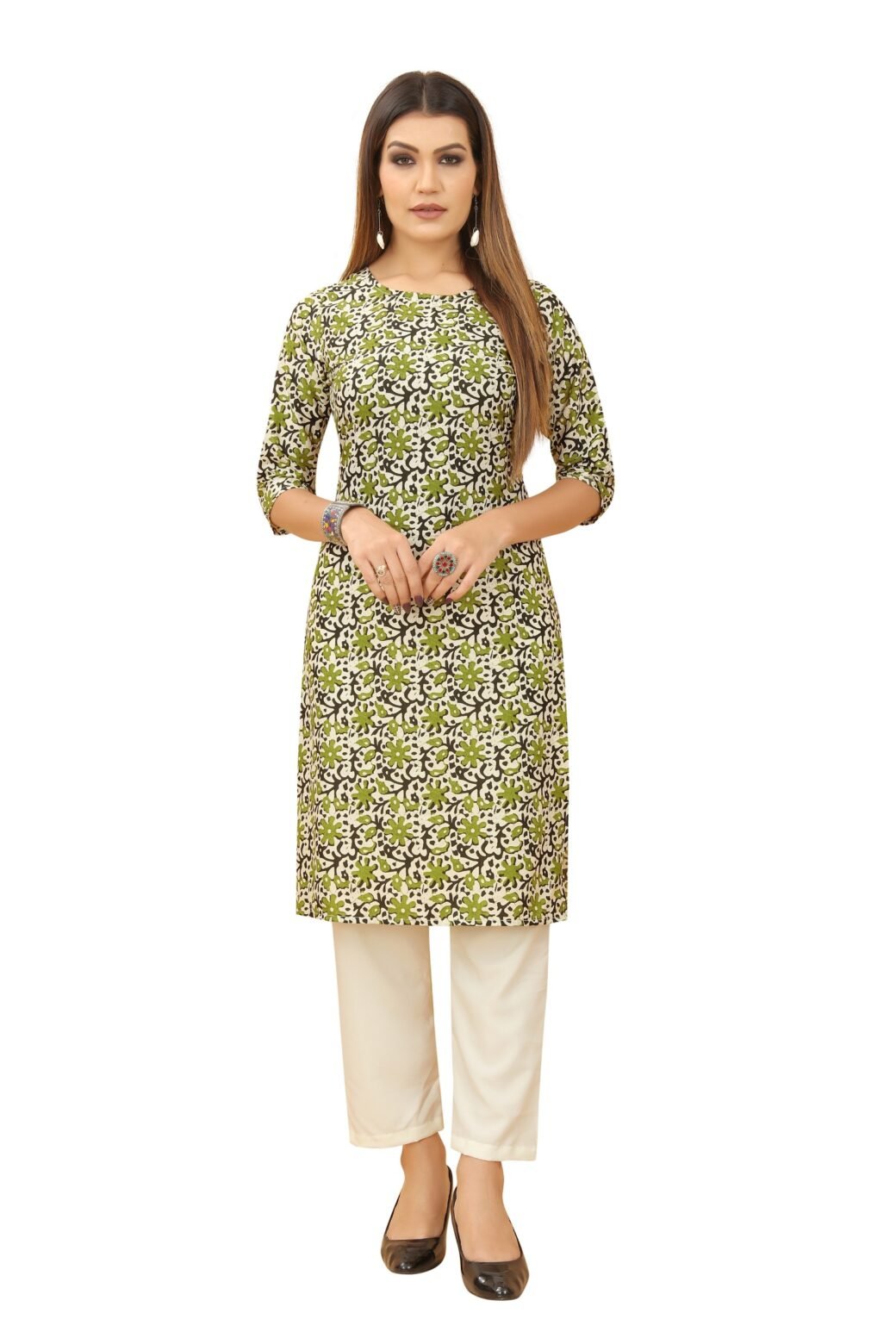 Green Colour Women's Printed Crepe Straight Kurti