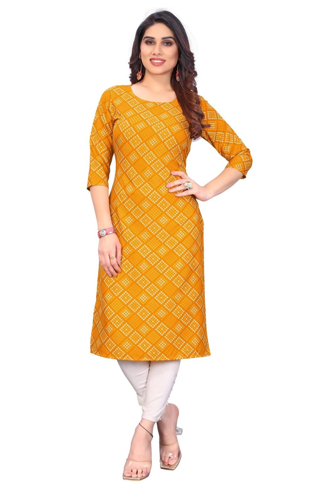 Bandhani Print Yellow Casual Wear Crepe Kurti