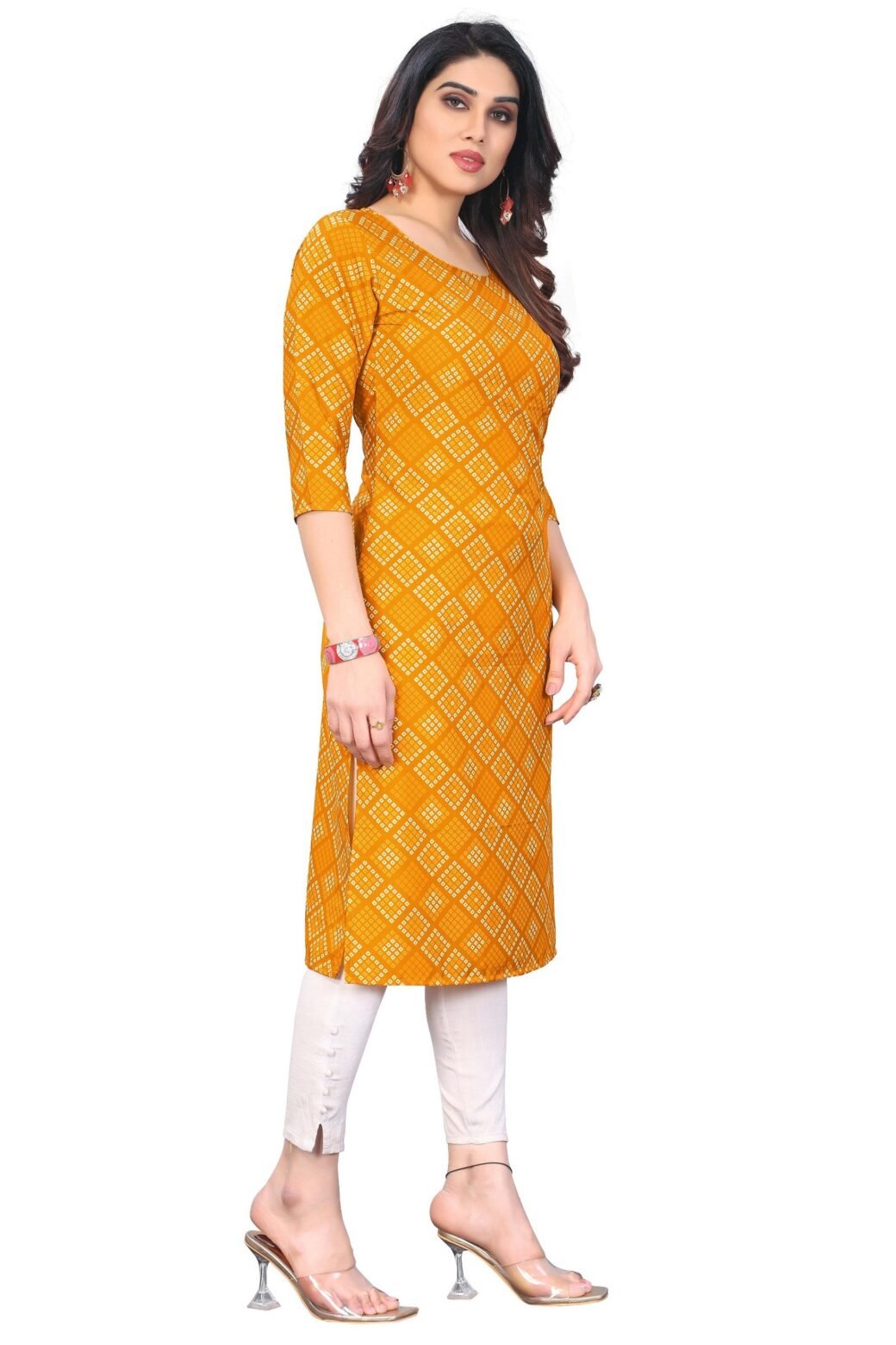 Bandhani Print Yellow Casual Wear Crepe Kurti - Image 2