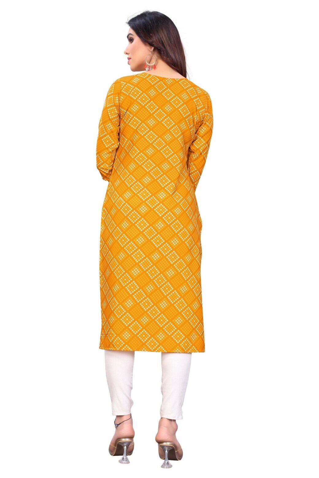 Bandhani Print Yellow Casual Wear Crepe Kurti - Image 3