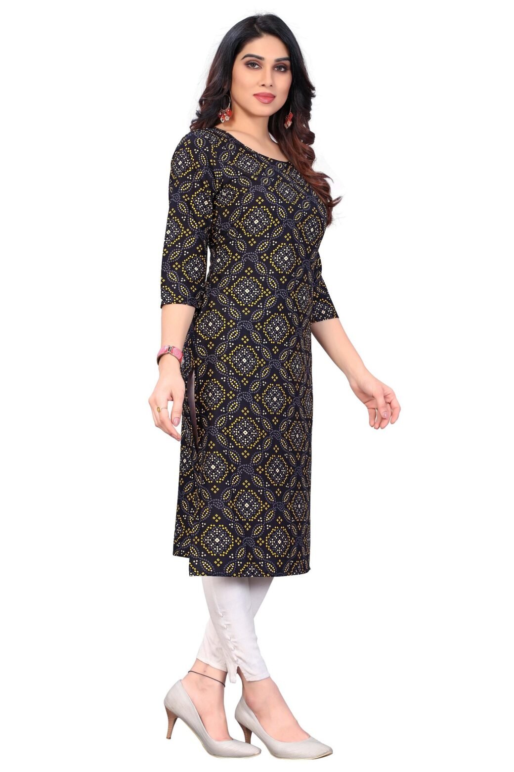 Bandhani Print Black Casual Wear Crepe Kurti - Image 2