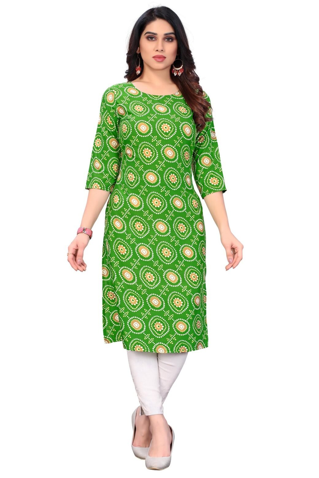 Bandhani Print Green Casual Wear Crepe Kurti