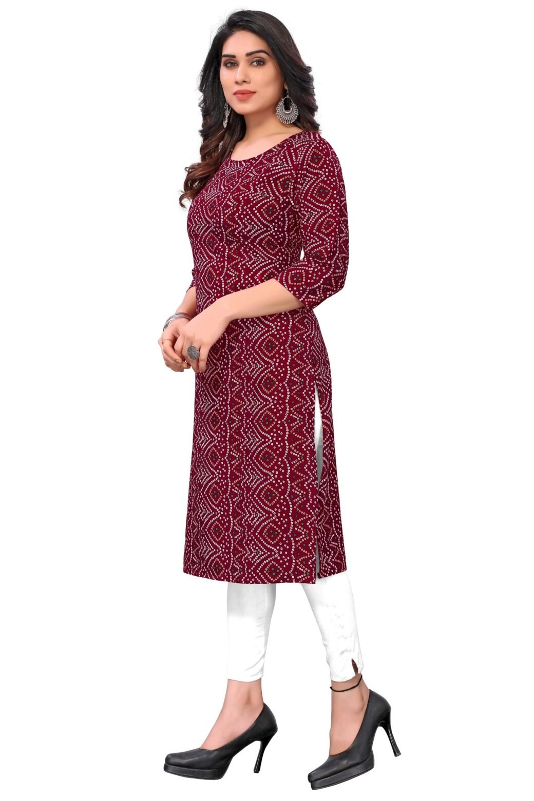 Bandhani Print Maroon Casual Wear Crepe Kurti - Image 3