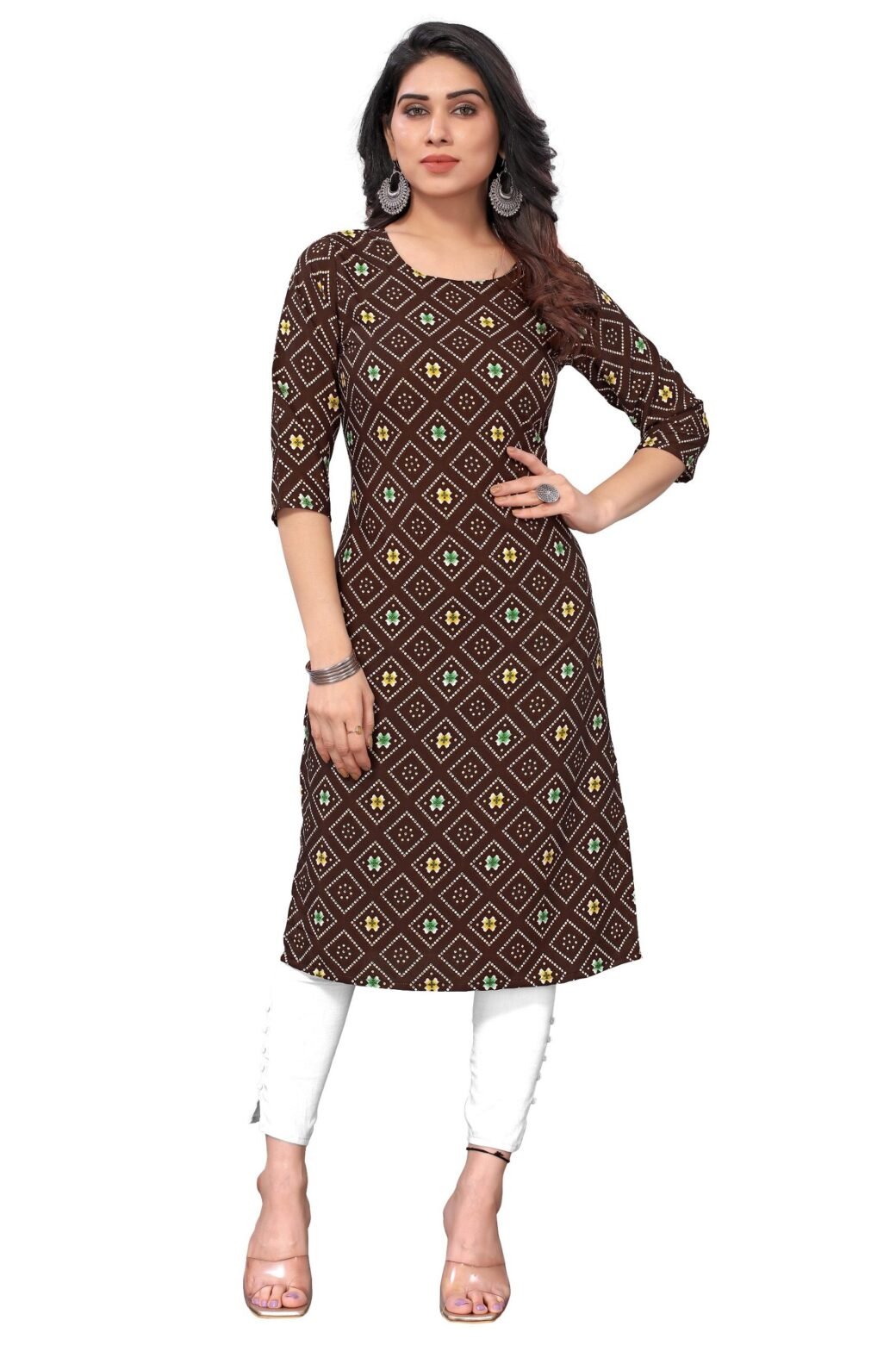 Bandhani Print Coffee Casual Wear Crepe Kurti