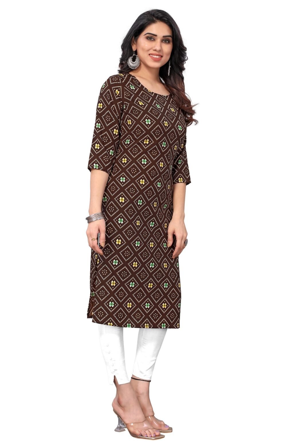 Bandhani Print Coffee Casual Wear Crepe Kurti - Image 2