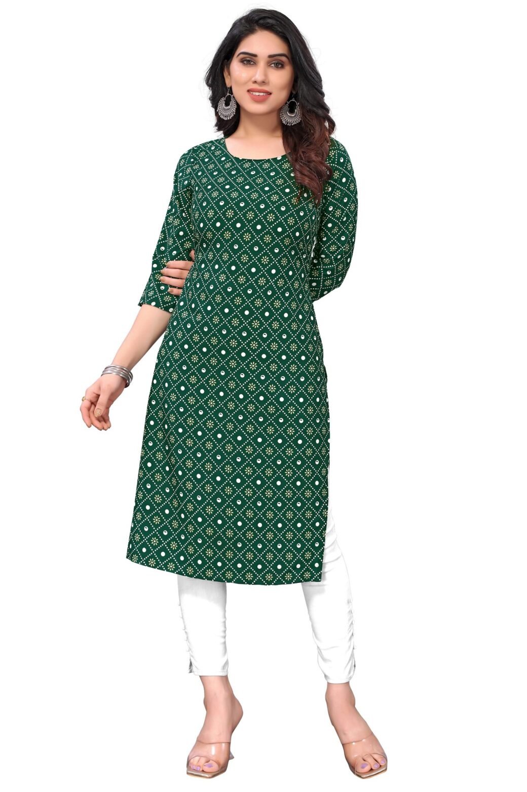 Bandhani Print Green Casual Wear Crepe Kurti