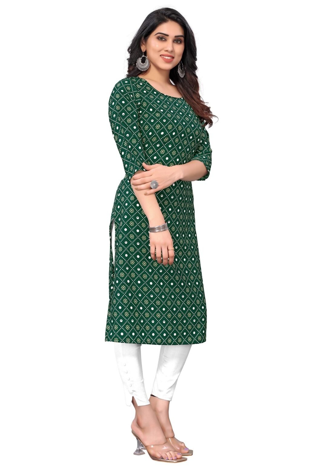 Bandhani Print Green Casual Wear Crepe Kurti - Image 2