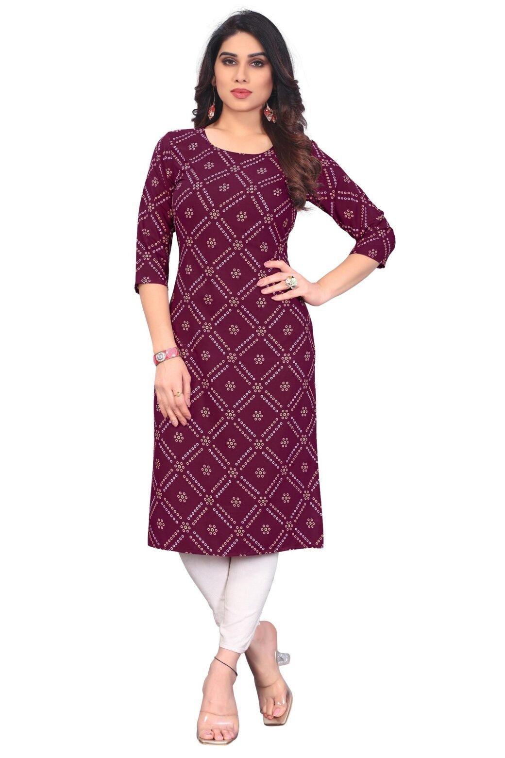 Bandhani Print Wine Casual Wear Crepe Kurti