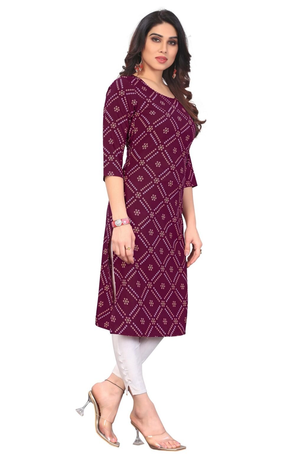 Bandhani Print Wine Casual Wear Crepe Kurti - Image 2