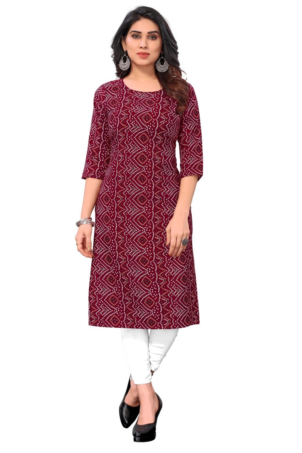 Bandhani Print Maroon Casual Wear Crepe Kurti