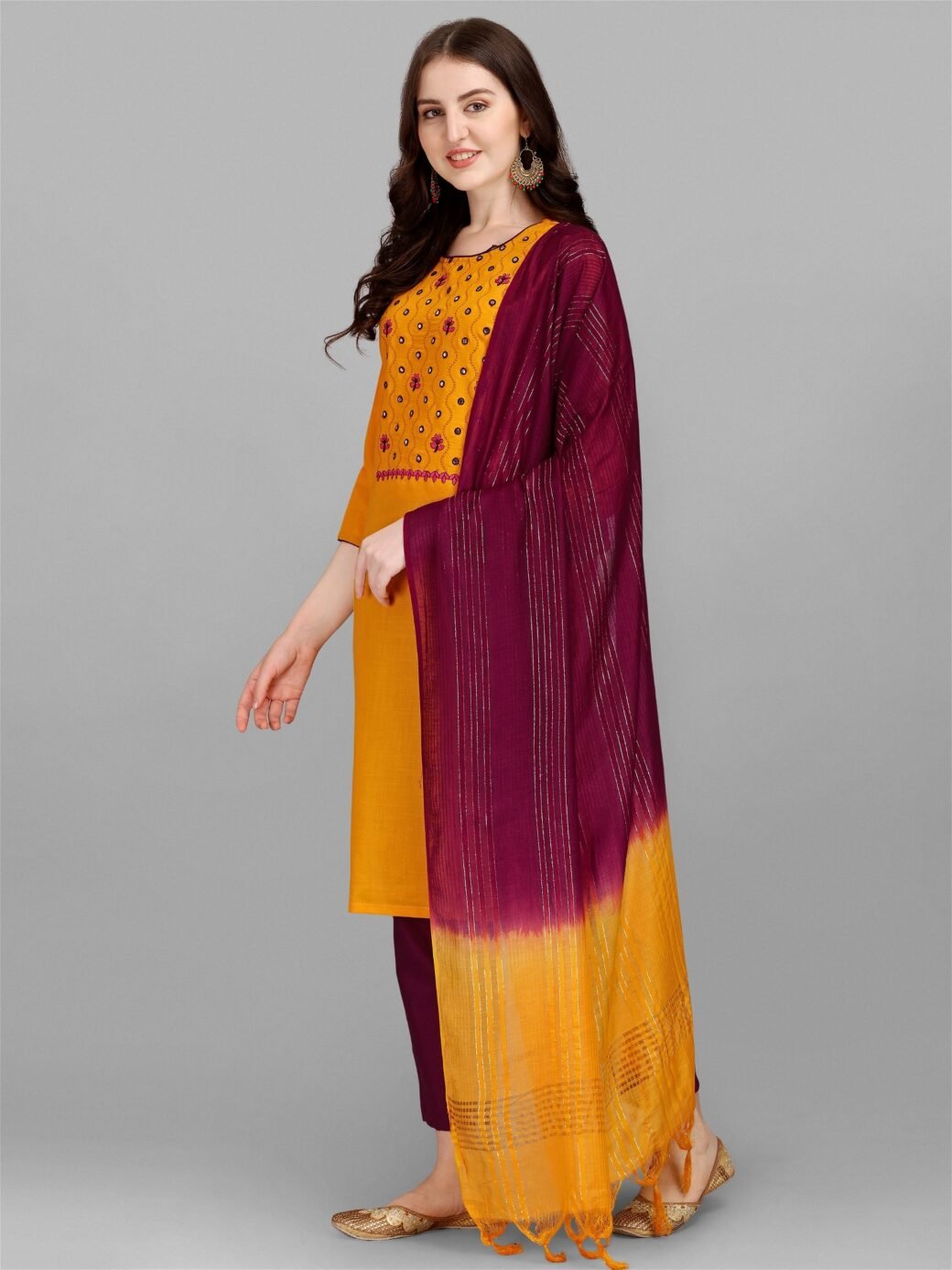 Yellow Colour Slub Cotton Embroidery Work Casual Wear Kurta Pant Dupatta Set For Women's - Image 3