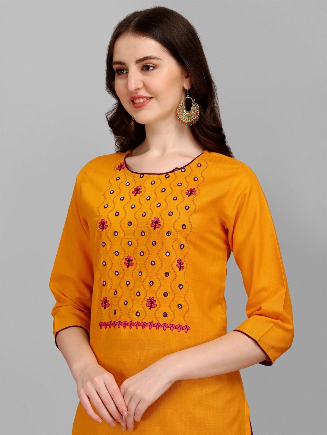 Yellow Colour Slub Cotton Embroidery Work Casual Wear Kurta Pant Dupatta Set For Women's - Image 4