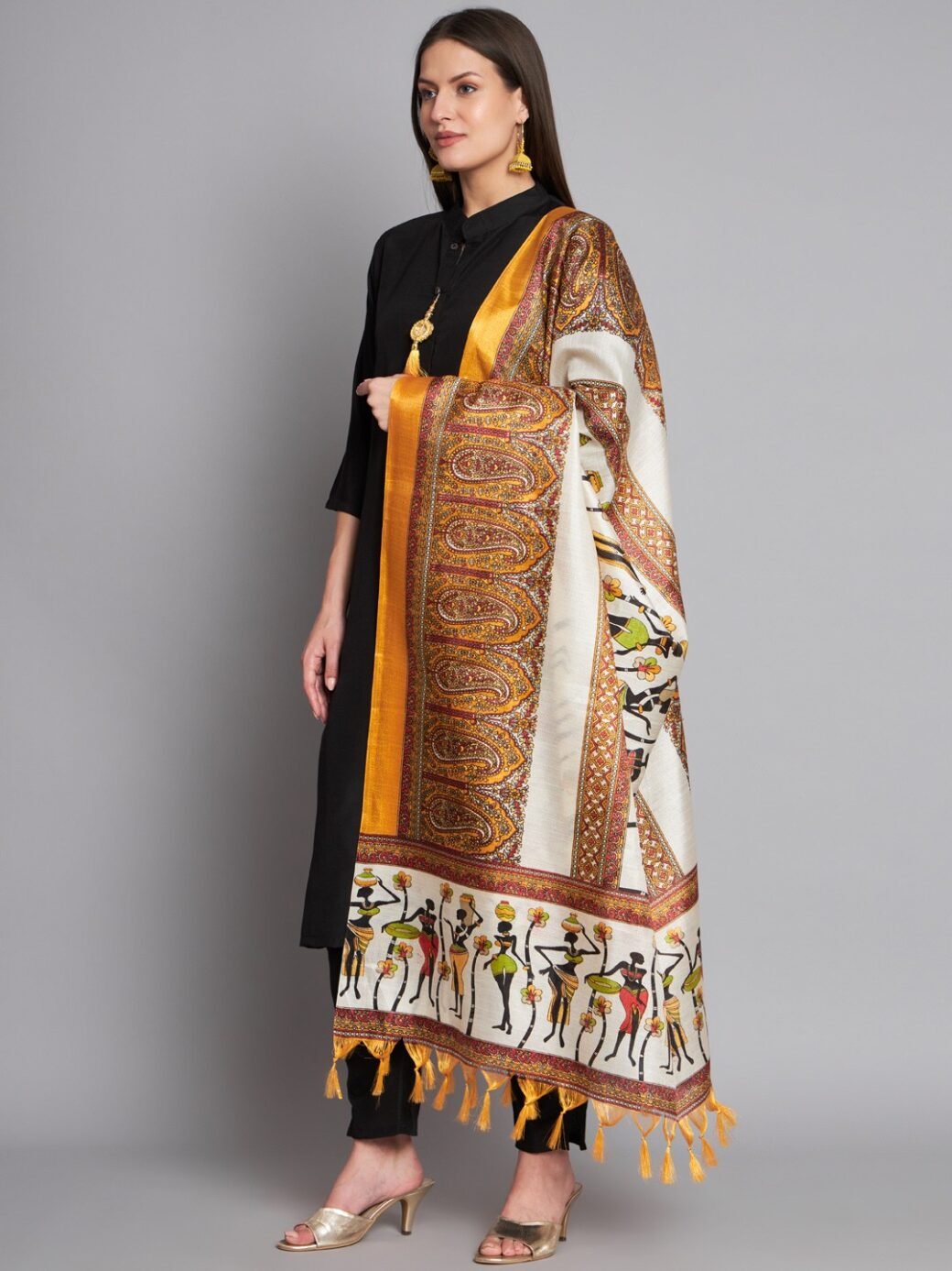 Black Colour Cotton Printed Dupatta With Kurta Pant Set For Women's - Image 3