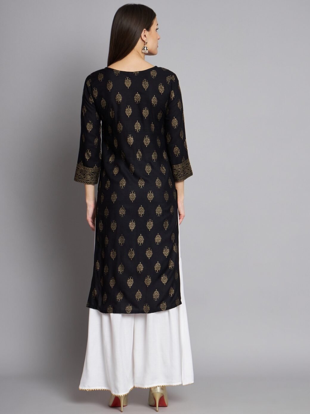 Black Colour Reyon Foil Print Party Wear Kurta Sharara Set - Image 2