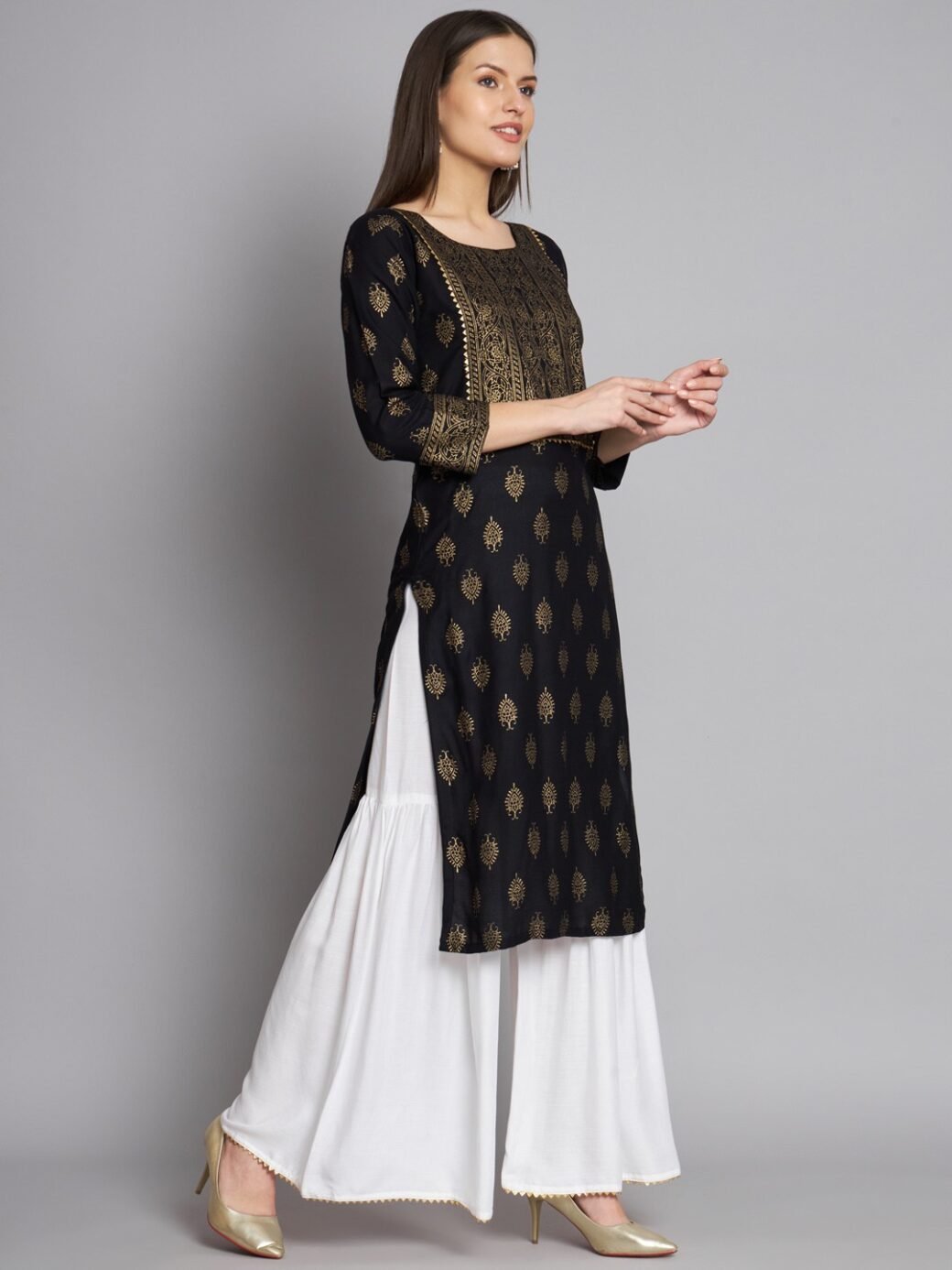 Black Colour Reyon Foil Print Party Wear Kurta Sharara Set - Image 3