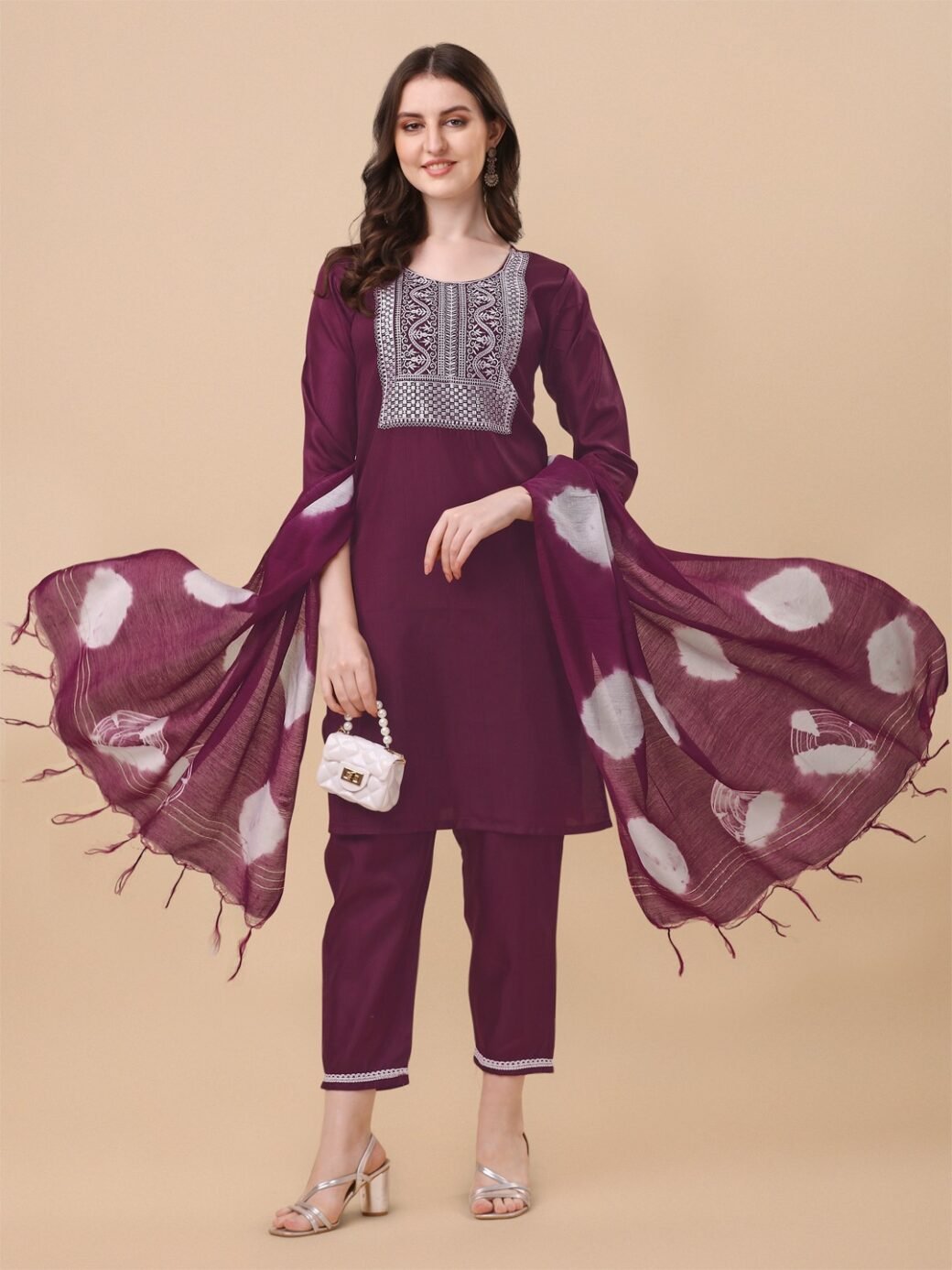 Wine Colour South Silk Embroidery Work Casual Wear Kurta Pant Dupatta Set For Women's