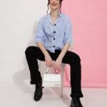 Sky Blue Colour Casual Wear Check Printed Shirt For Women