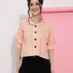 Peach Colour Casual Wear Check Printed Shirt For Women