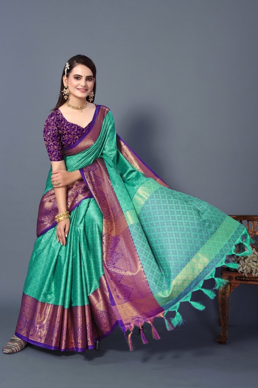 Aqua Blue Colour Cotton Silk Saree For Women's - Image 2