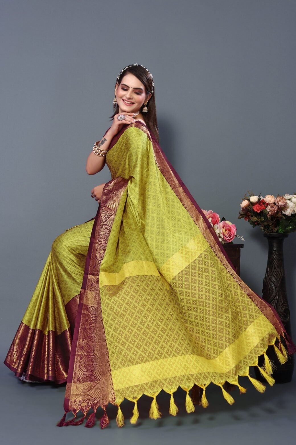 Lemon Brown Colour Cotton Silk Saree For Women's - Image 2