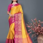 Yellow Dark Pink Colour Cotton Silk Saree For Women's
