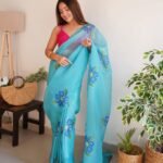 Blue Colour Organza Digital With Foil Print and Hand Work Saree For Women's