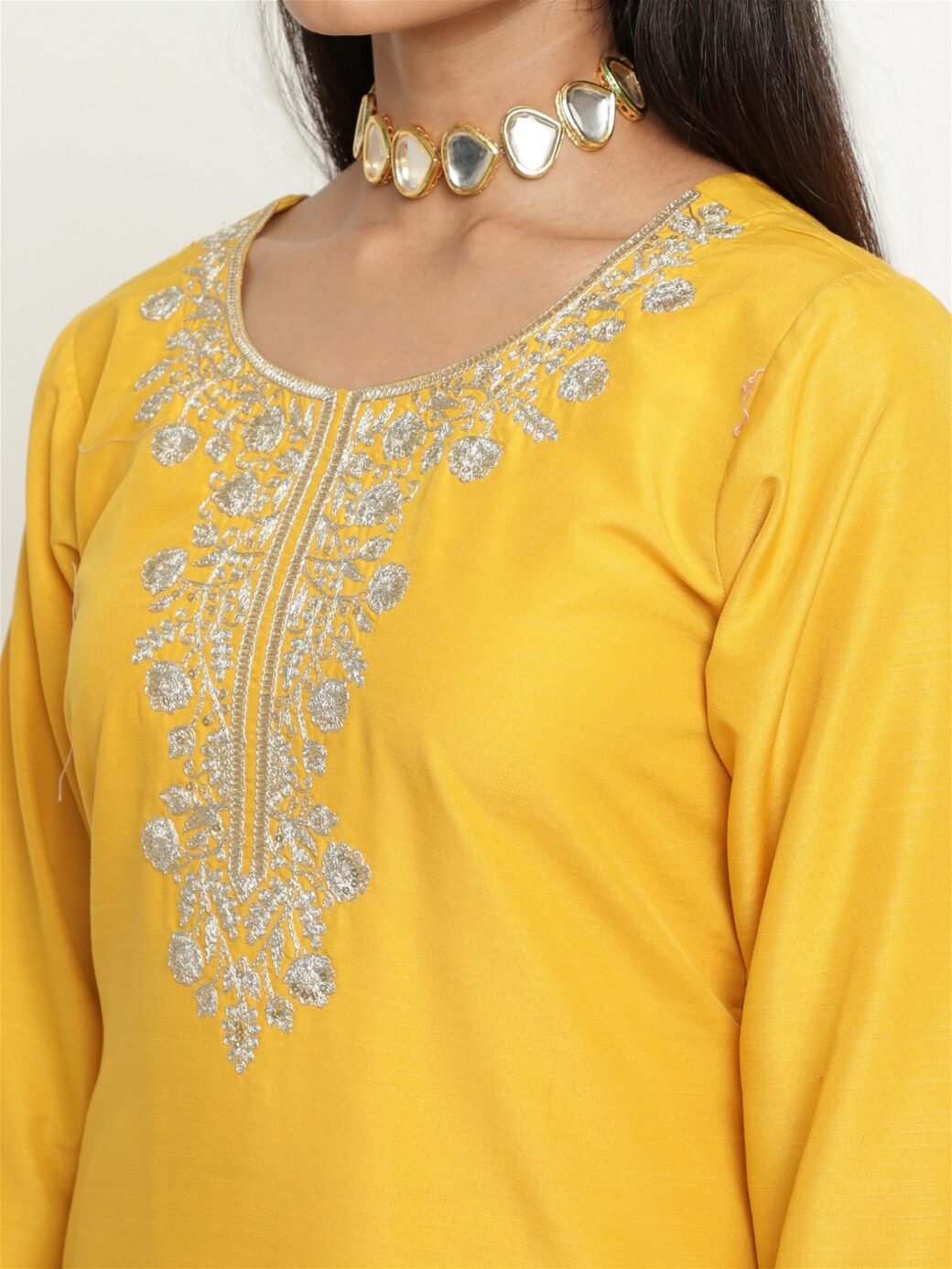 Yellow Colour Blend Silk Embroidery Work Party Wear Kurta Pant Dupatta Set For Women's - Image 3