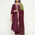 Wine Colour Blend Silk Embroidery Work Party Wear Kurta Pant Dupatta Set For Women's