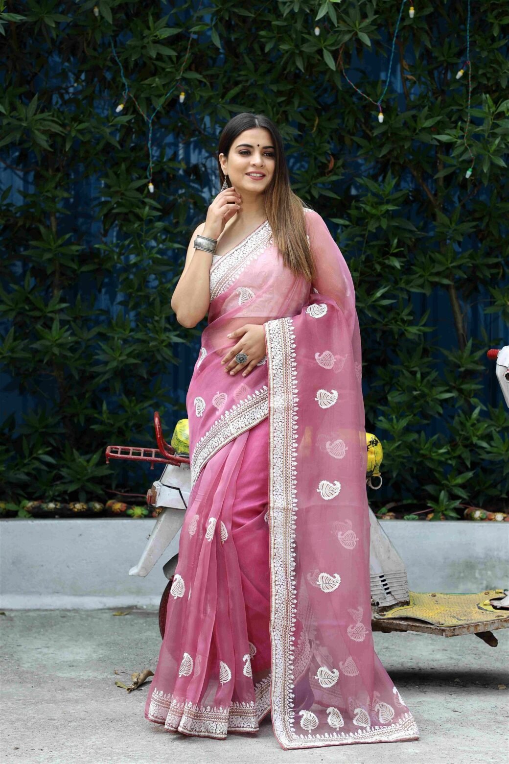 Pink Colour Organza Embroidery With Piping Work Saree For Women's