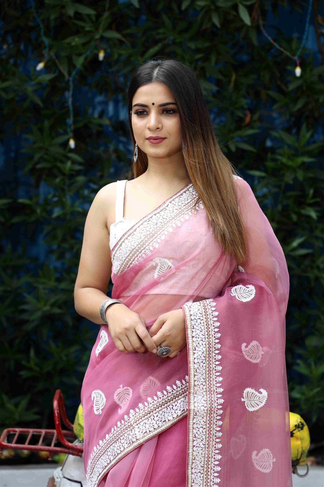 Pink Colour Organza Embroidery With Piping Work Saree For Women's - Image 2