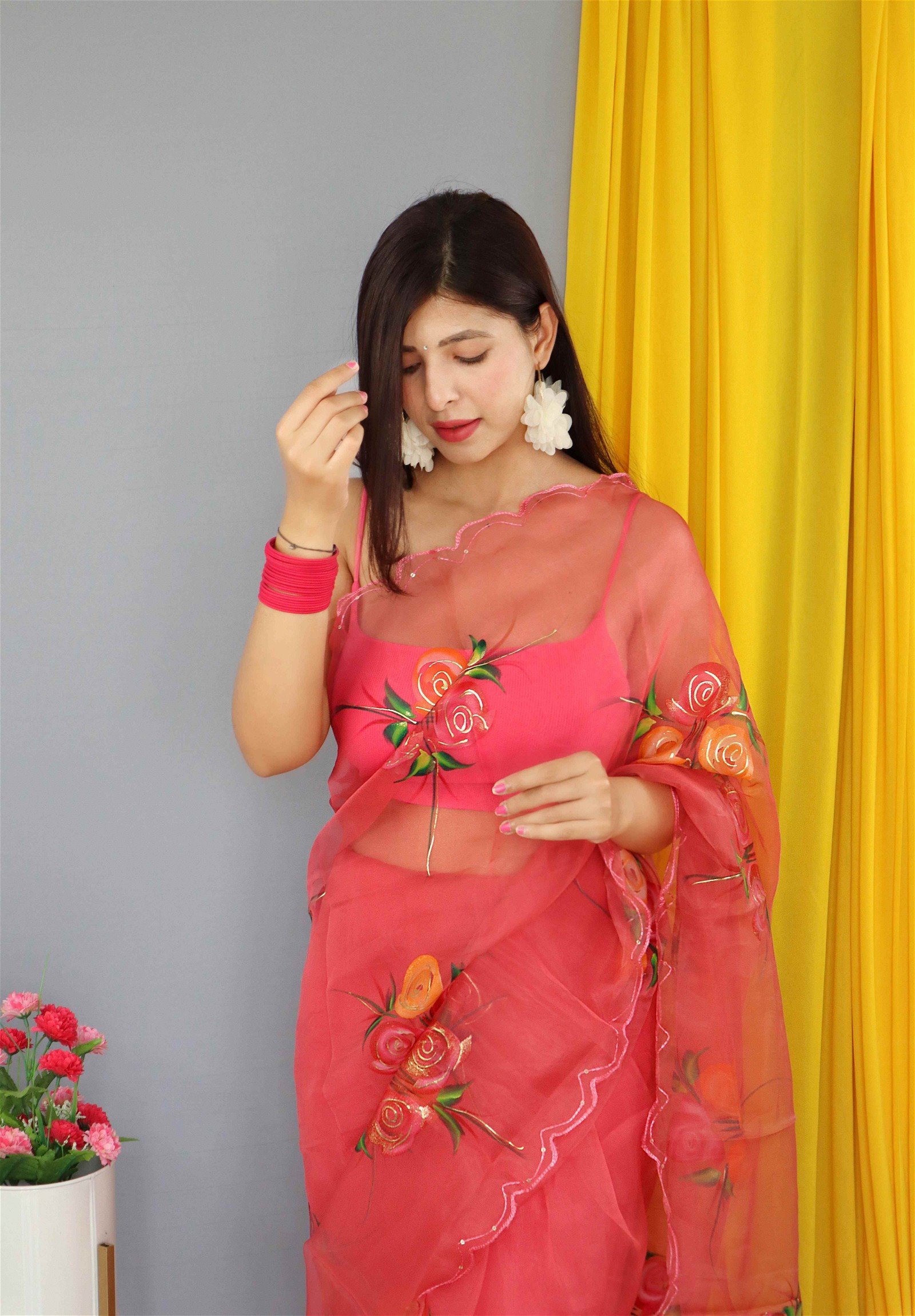 Red Colour Nylon Organza Hand Print With Foil Work Saree For Women's - Image 2