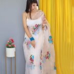 White Colour Nylon Organza Hand Print With Foil Work Saree For Women's