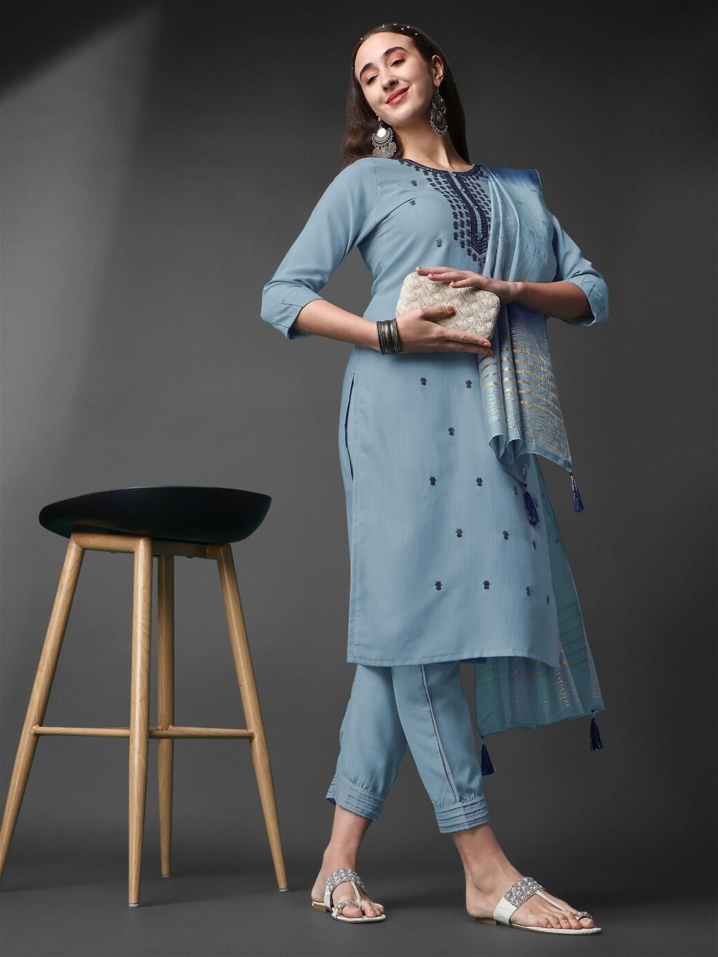 Sky Blue Rayon Slub Round Shape Embroidery Worked Kurta Set - Image 3