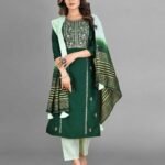 Green Party Wear Embroidery Worked Kurta With Pant And Duppata Set