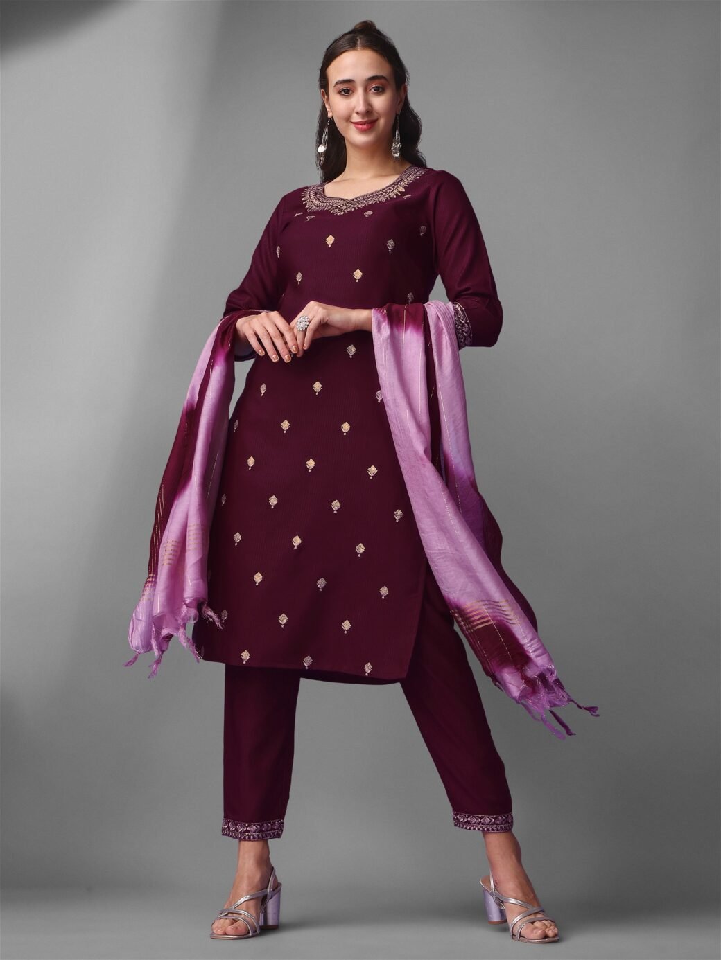 Purple Party Wear Embroidery Worked Kurta With Pant And Duppata Set