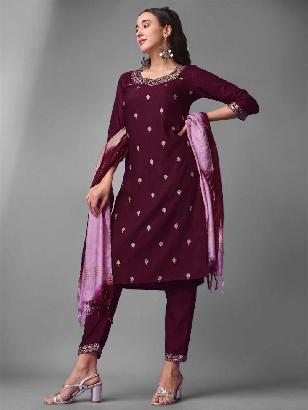 Purple Party Wear Embroidery Worked Kurta With Pant And Duppata Set - Image 3