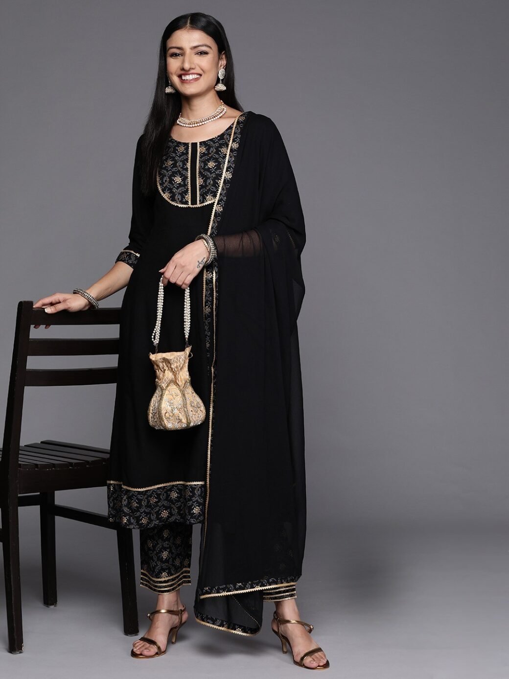 Black Party Wear Embroidery Worked Kurta With Pant And Duppata Set