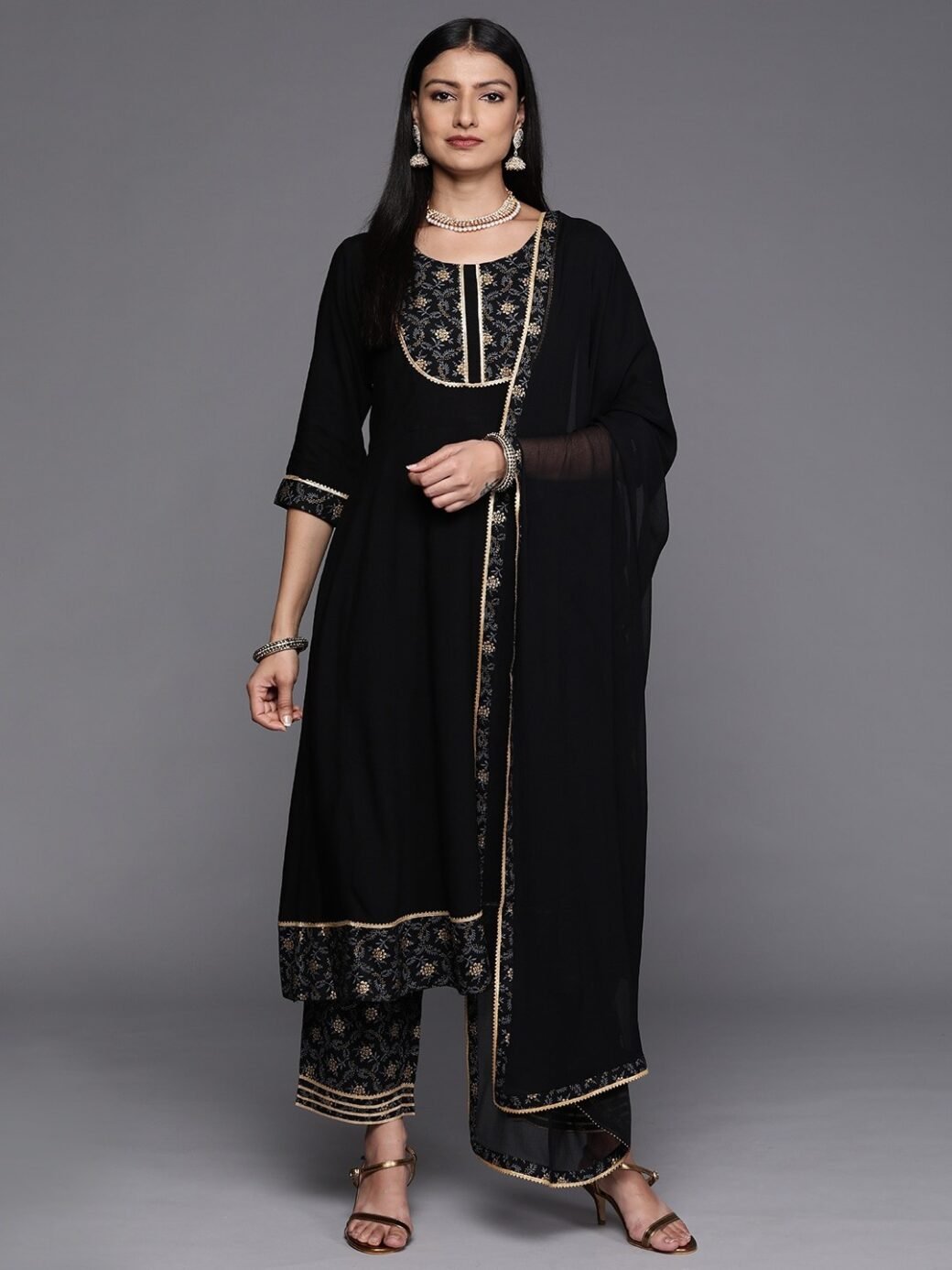 Black Party Wear Embroidery Worked Kurta With Pant And Duppata Set - Image 3