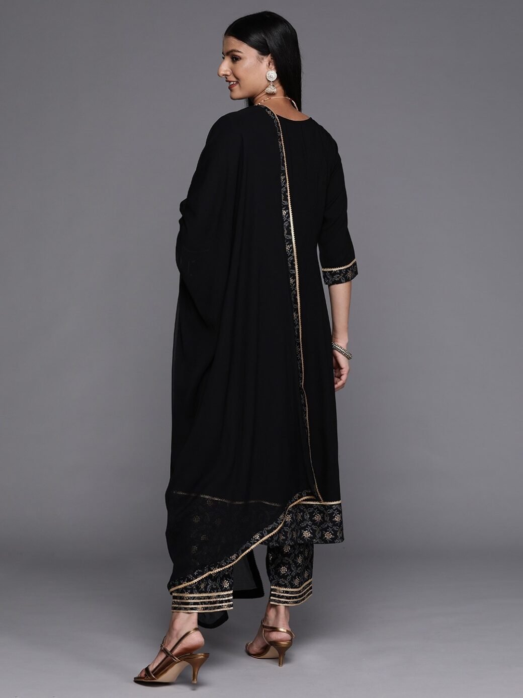 Black Party Wear Embroidery Worked Kurta With Pant And Duppata Set - Image 2