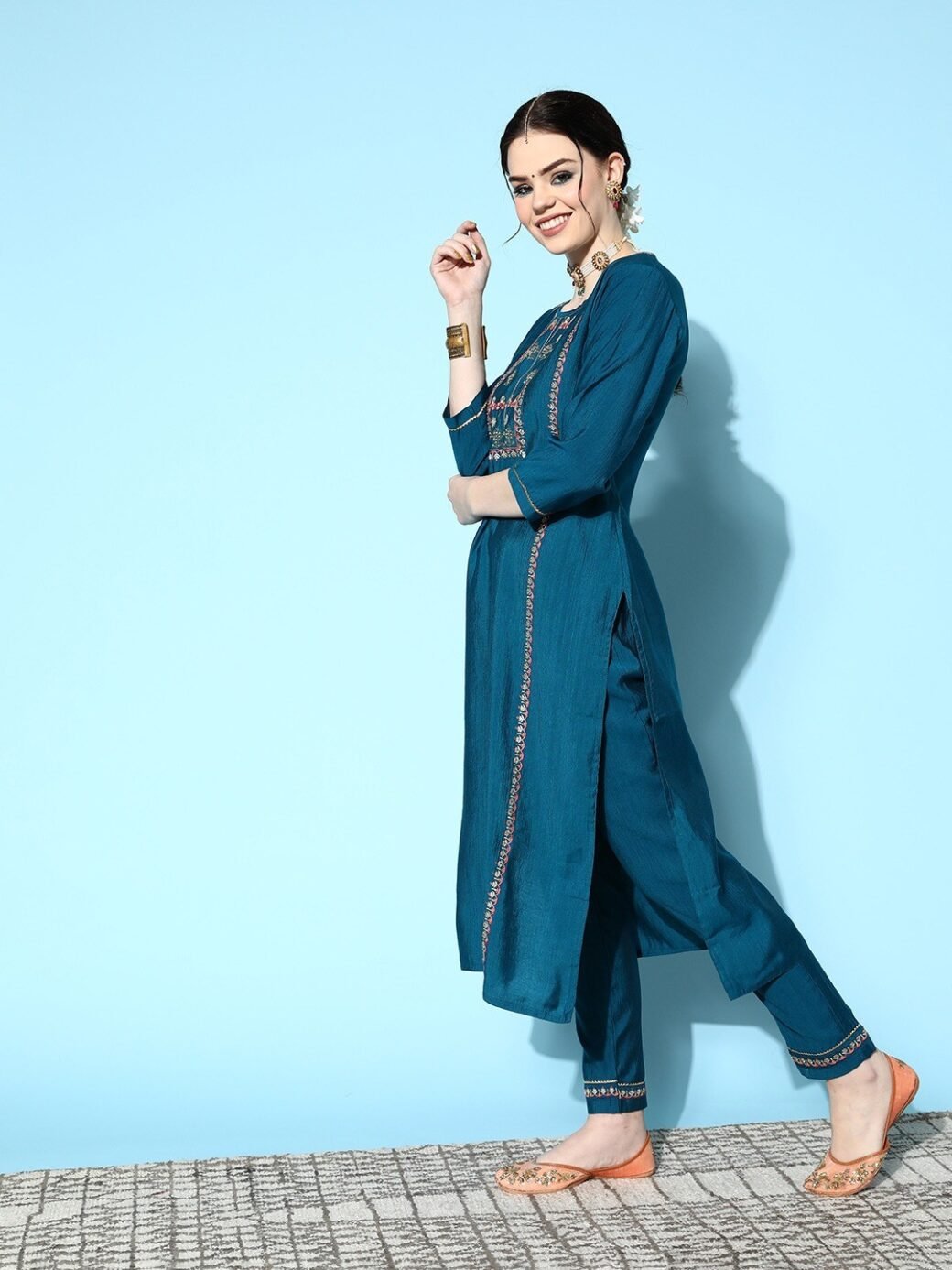 Petrol Party Wear Embroidery Worked Kurta With Pant And Duppata Set - Image 4