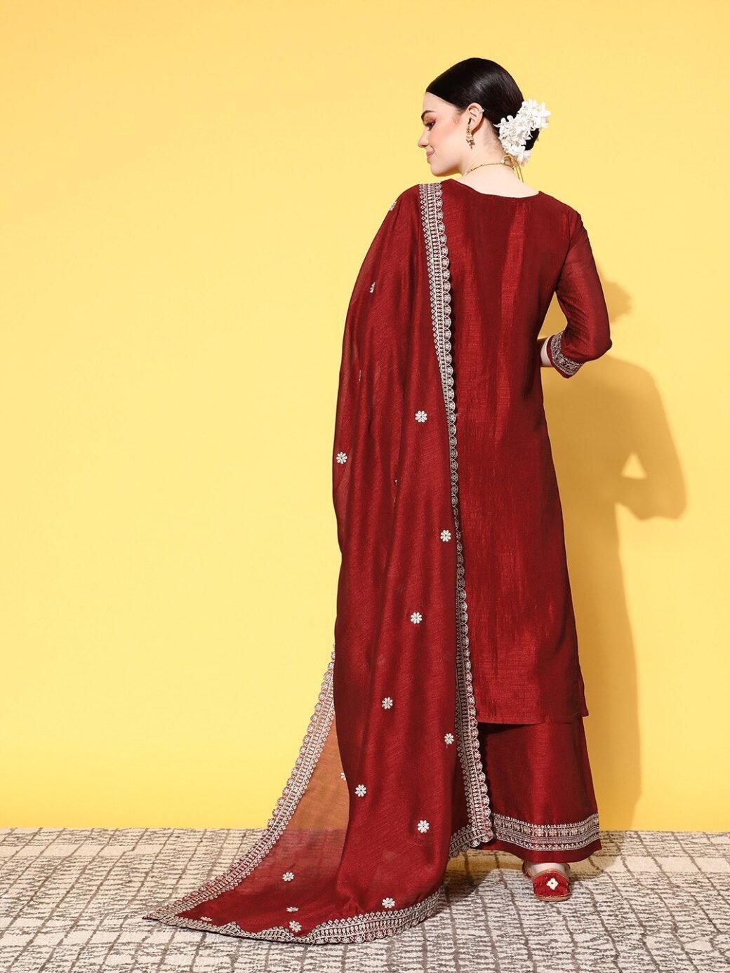 Red Party Wear Embroidery Worked Kurta With Pant And Duppata Set - Image 2