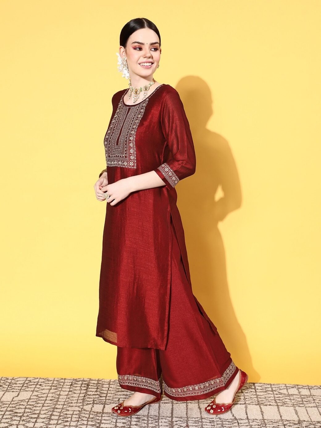 Red Party Wear Embroidery Worked Kurta With Pant And Duppata Set - Image 4