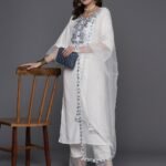 White Party Wear Embroidery Worked Kurta With Pant And Duppata Set
