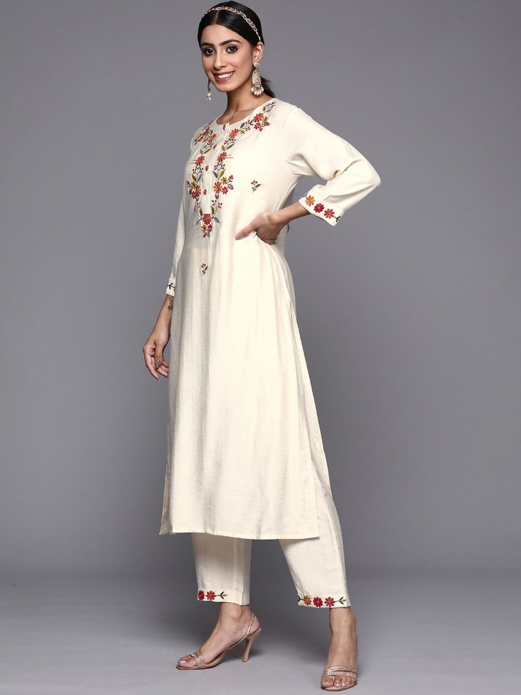 Off White Party Wear Embroidery Worked Kurta With Pant And Duppata Set - Image 4