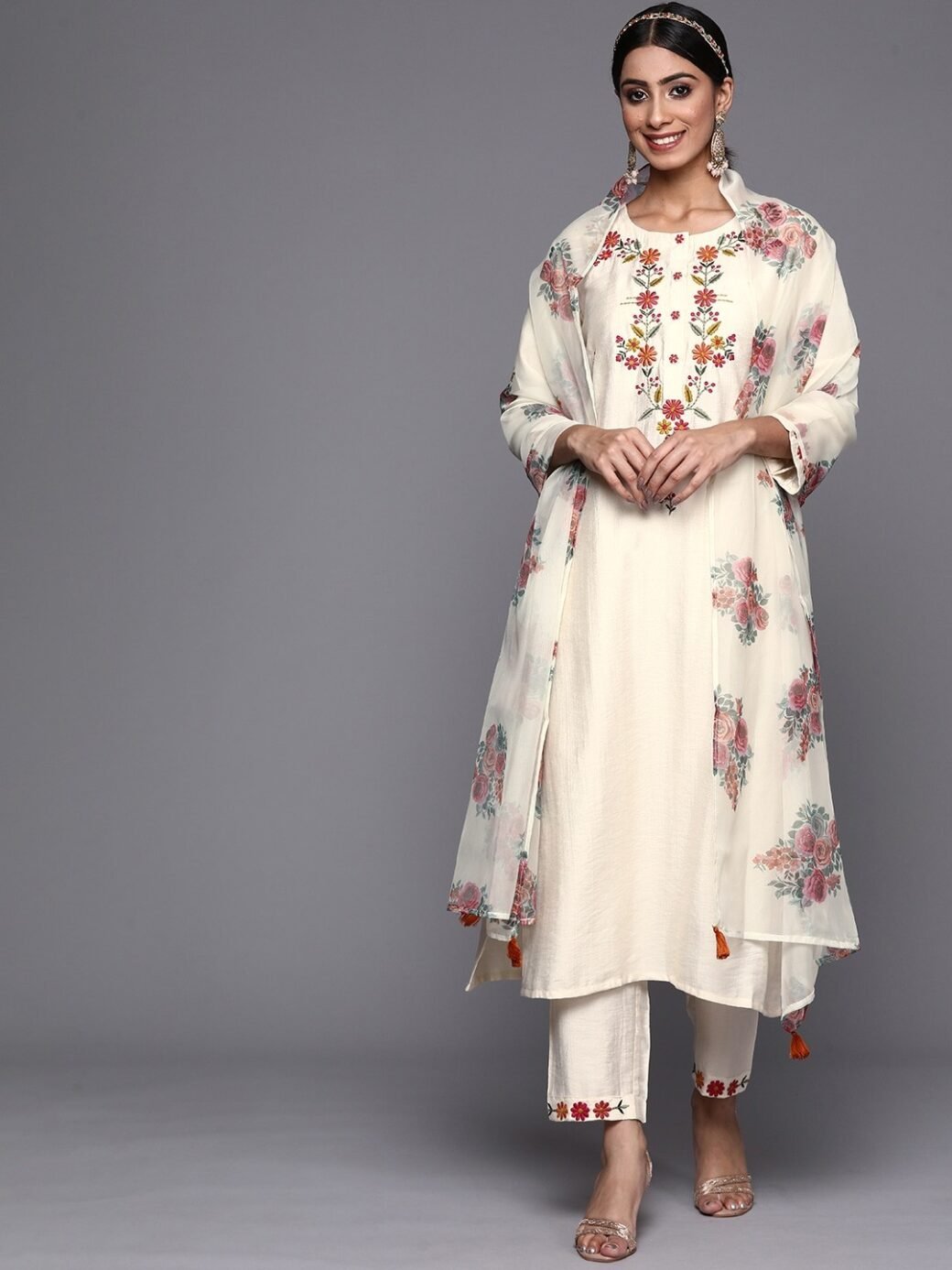 Off White Party Wear Embroidery Worked Kurta With Pant And Duppata Set - Image 3