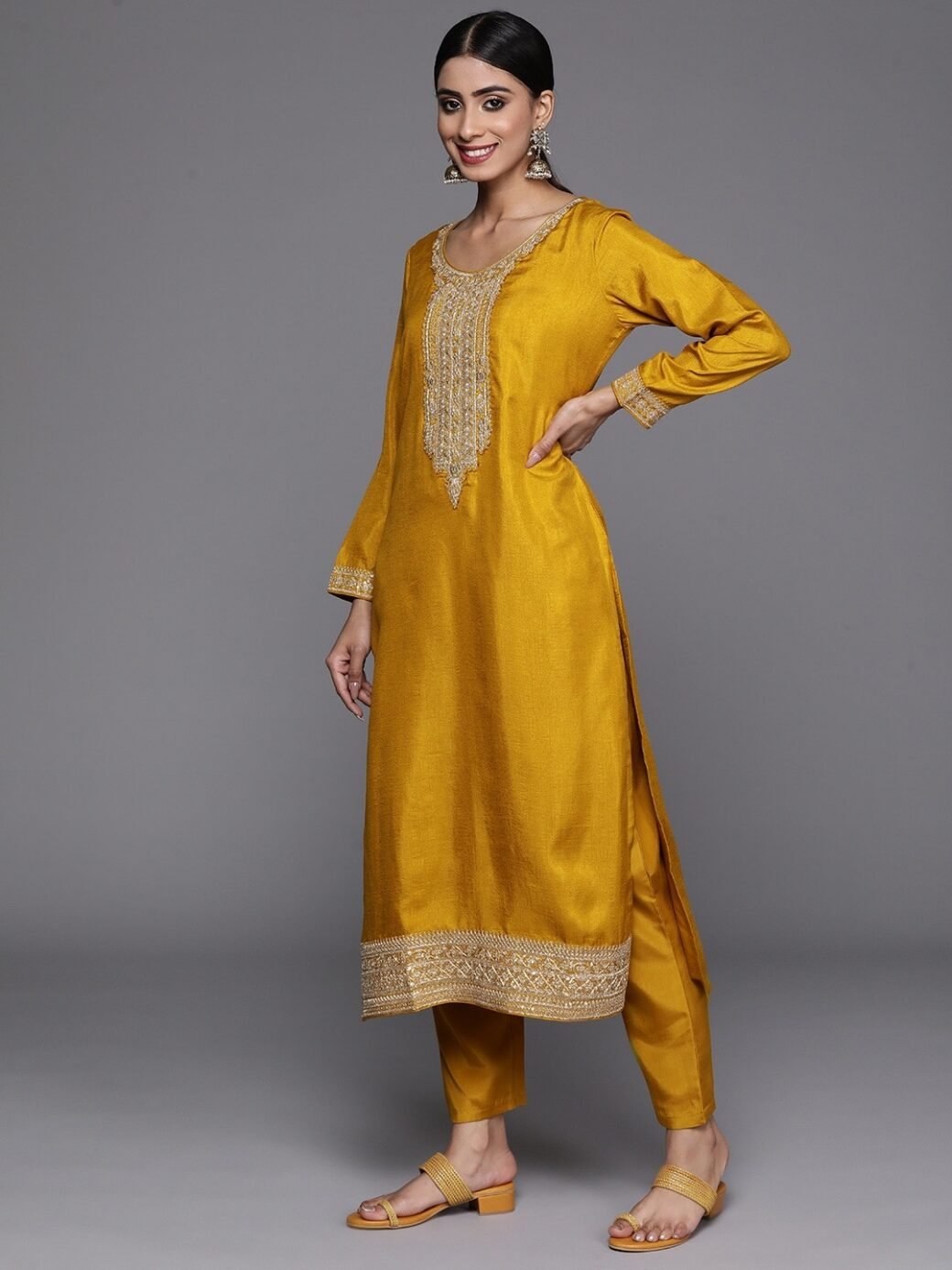 Yellow Party Wear Embroidery Worked Kurta With Pant And Duppata Set - Image 4