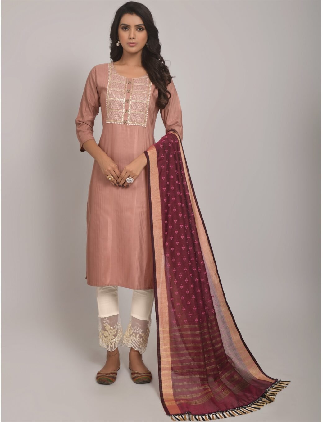 Peach Party Wear Embroidery Worked Kurta With Pant And Duppata Set