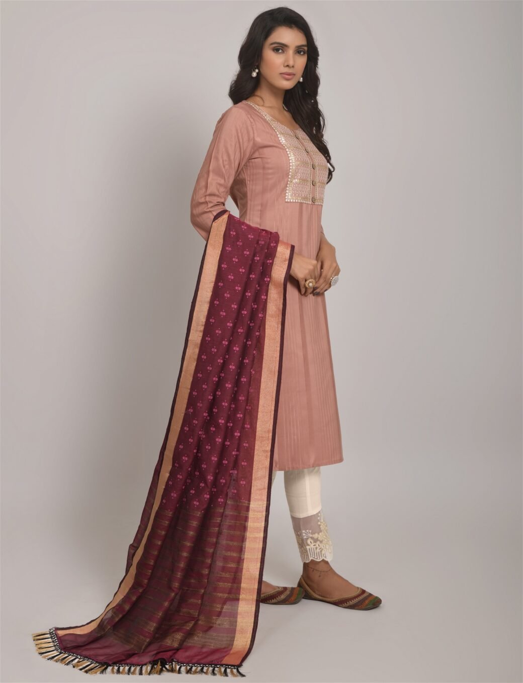 Peach Party Wear Embroidery Worked Kurta With Pant And Duppata Set - Image 4